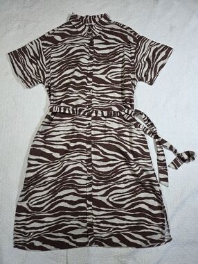 NWT Joe Fresh Brown Zebra Linen Blend Tie Belt Button-Front Shirt Dress
